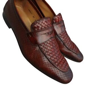 Magnanni Brown Woven Braided Leather Penny Loafers Men 9.5 Spain Perforated Work